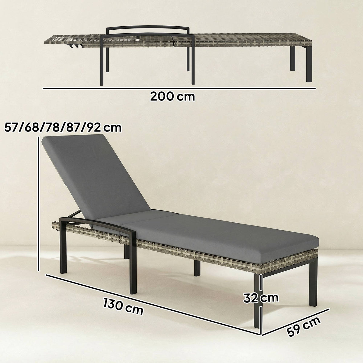 Adjustable Rattan Sun Lounger Set with Cushions, Grey