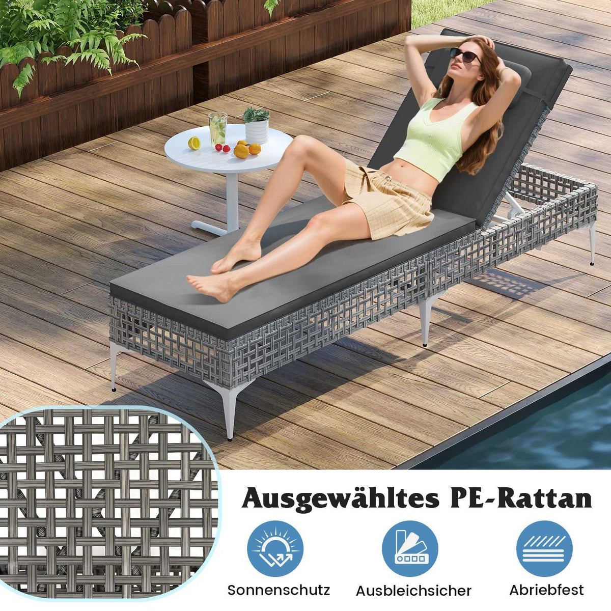 Adjustable Rattan Sun Lounger with Cushion & Headrest