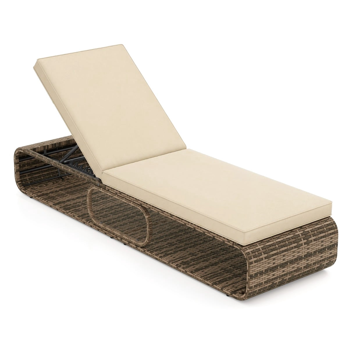 Adjustable Rattan Sun Lounger with Cushion, Khaki