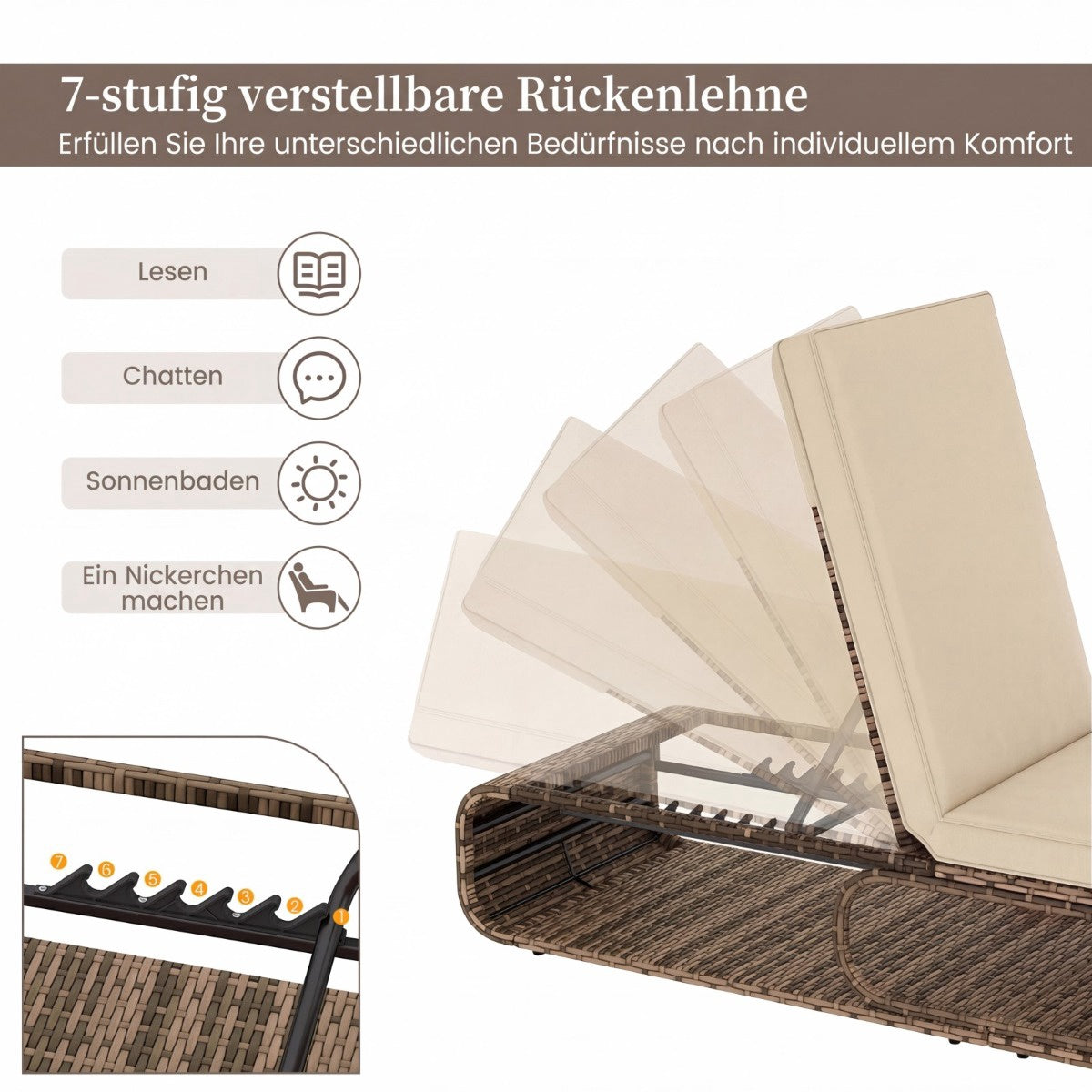 Adjustable Rattan Sun Lounger with Cushion, Khaki