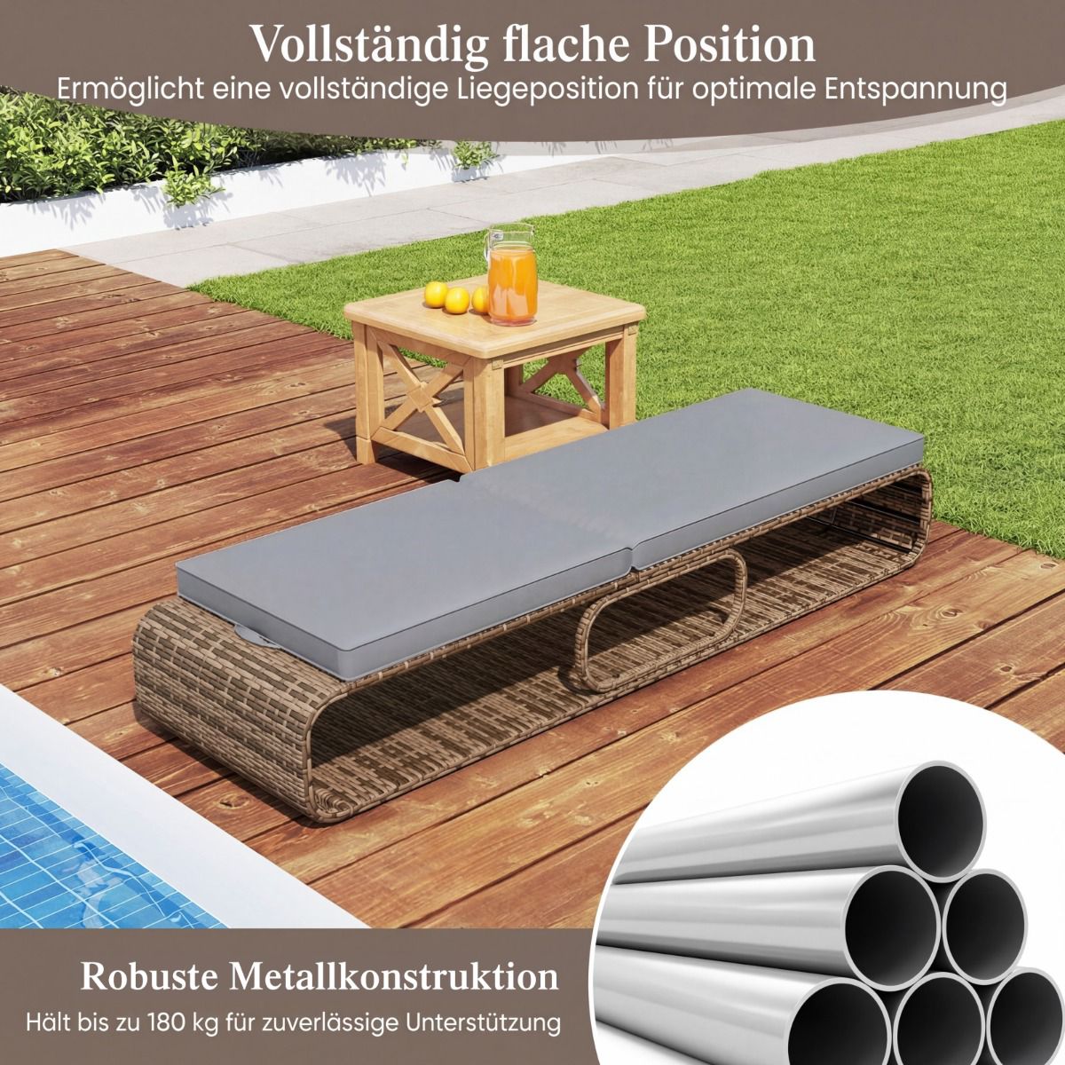Adjustable Rattan Sun Lounger with Cushion, Weatherproof