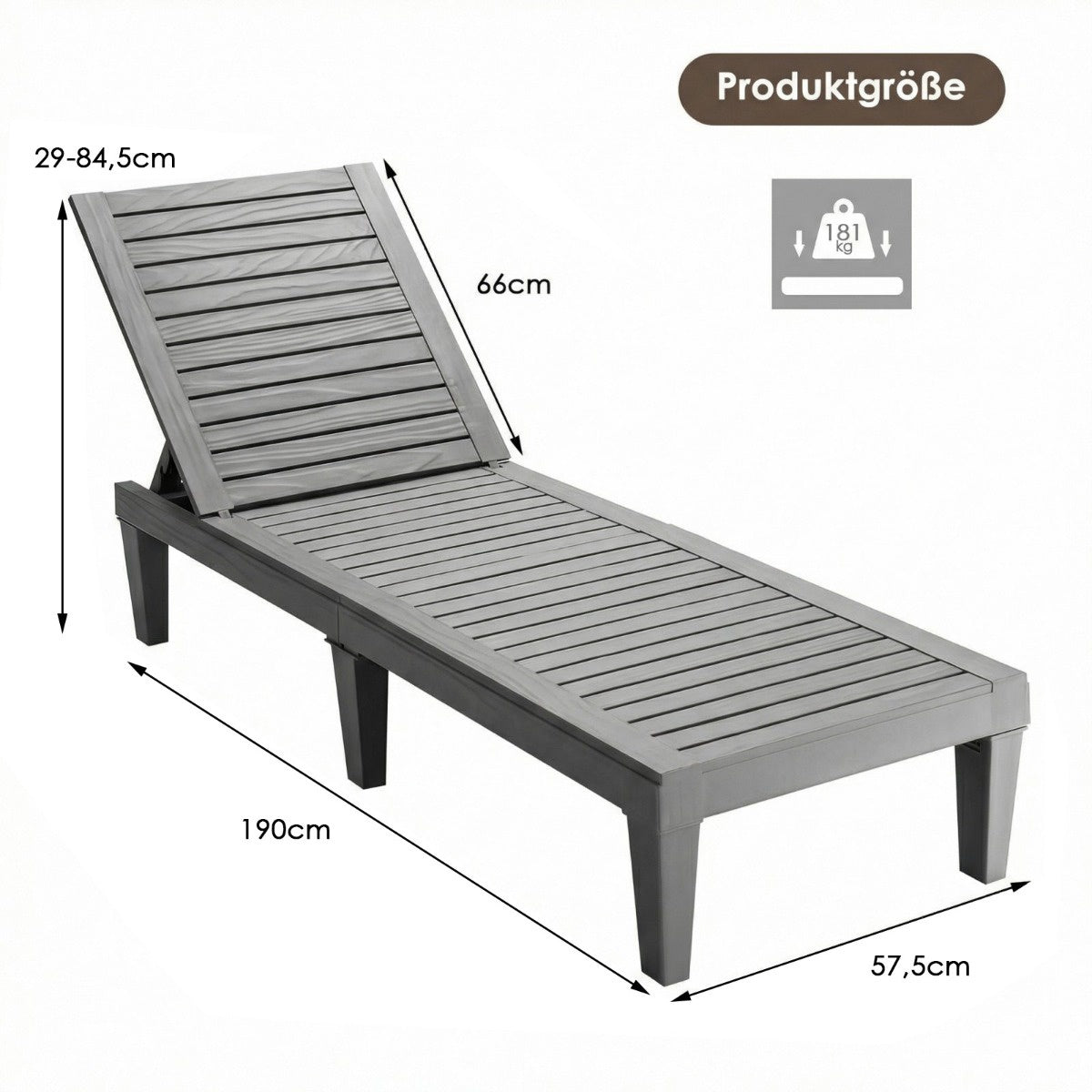 Adjustable Reclining Outdoor Sun Lounger, Grey, PP Material