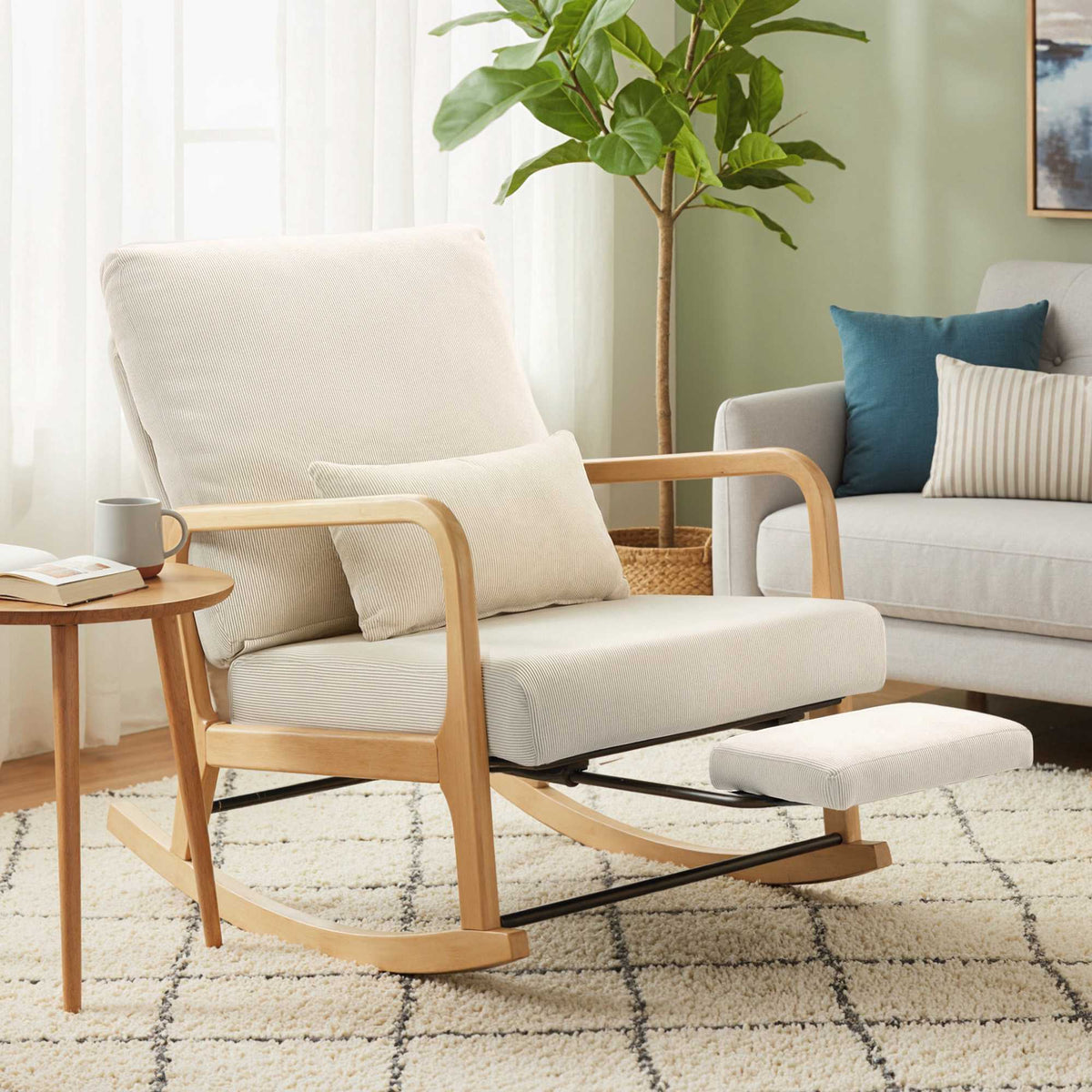 Adjustable Rocking Chair With Footrest, Beige Corduroy