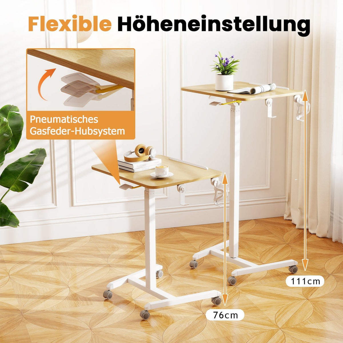 Adjustable Rolling Laptop Desk with Tilt Top, 76-111 cm