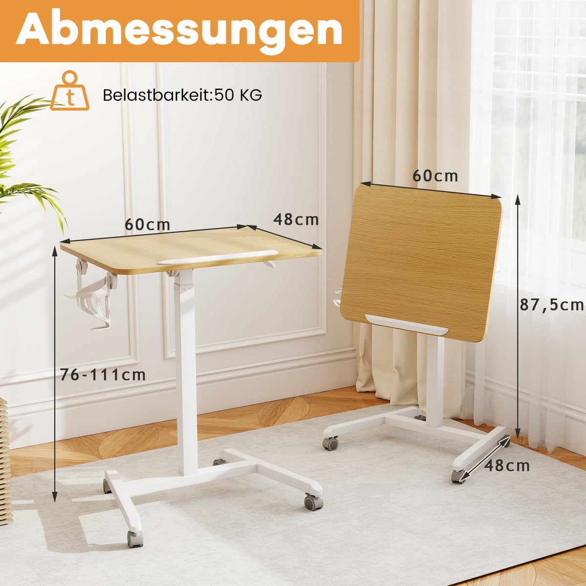 Adjustable Rolling Laptop Desk with Tilt Top, 76-111 cm