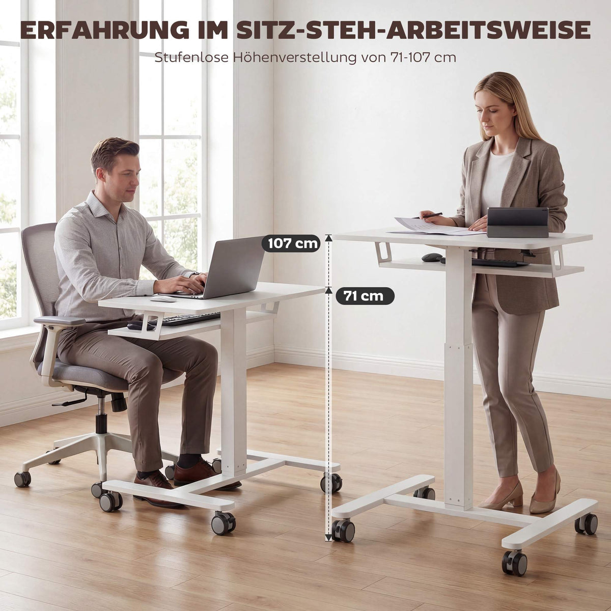 Adjustable Rolling Sit-Stand Desk with Keyboard Tray, White