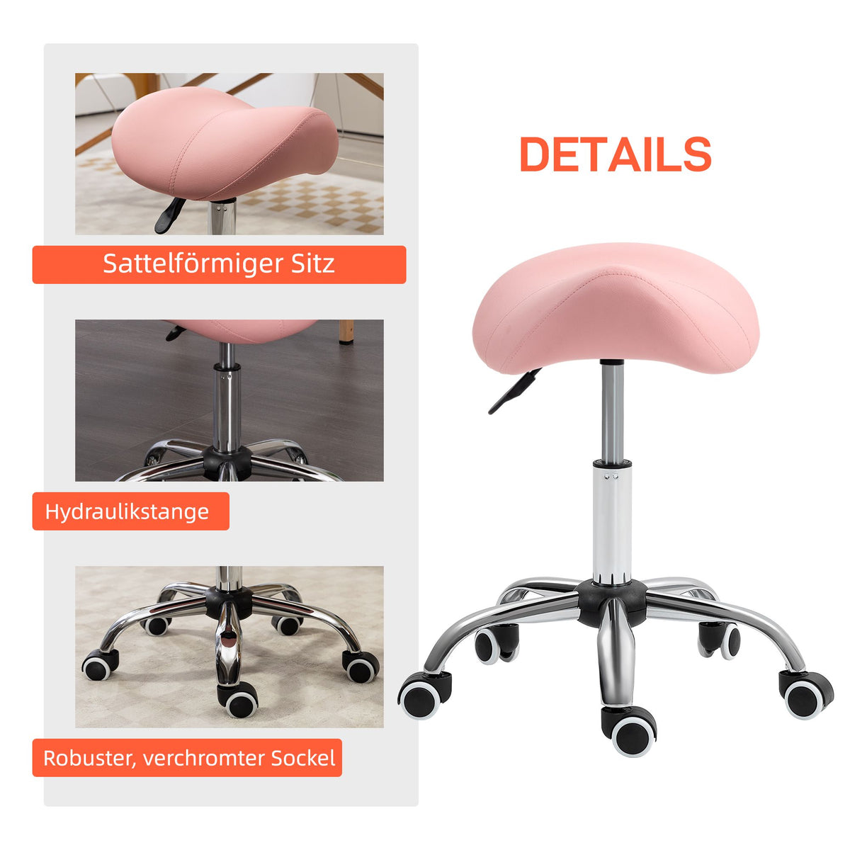 Adjustable Rolling Stool, 360 Swivel, Pink, 49-61 cm