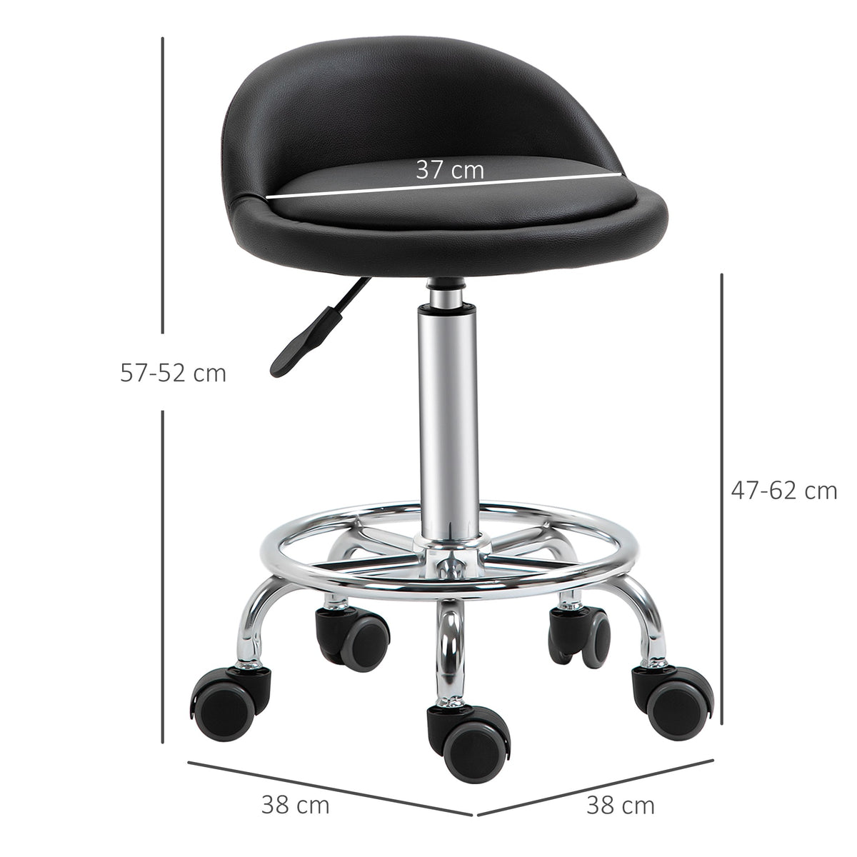 Adjustable Rolling Stool Set of 2 With Backrest, 57-72 cm