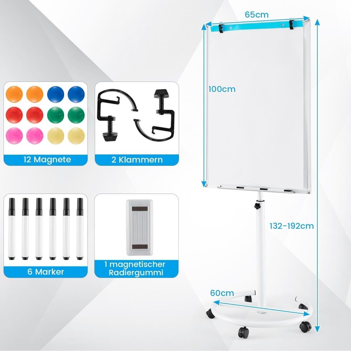 Adjustable Rolling Whiteboard with Magnets & Markers