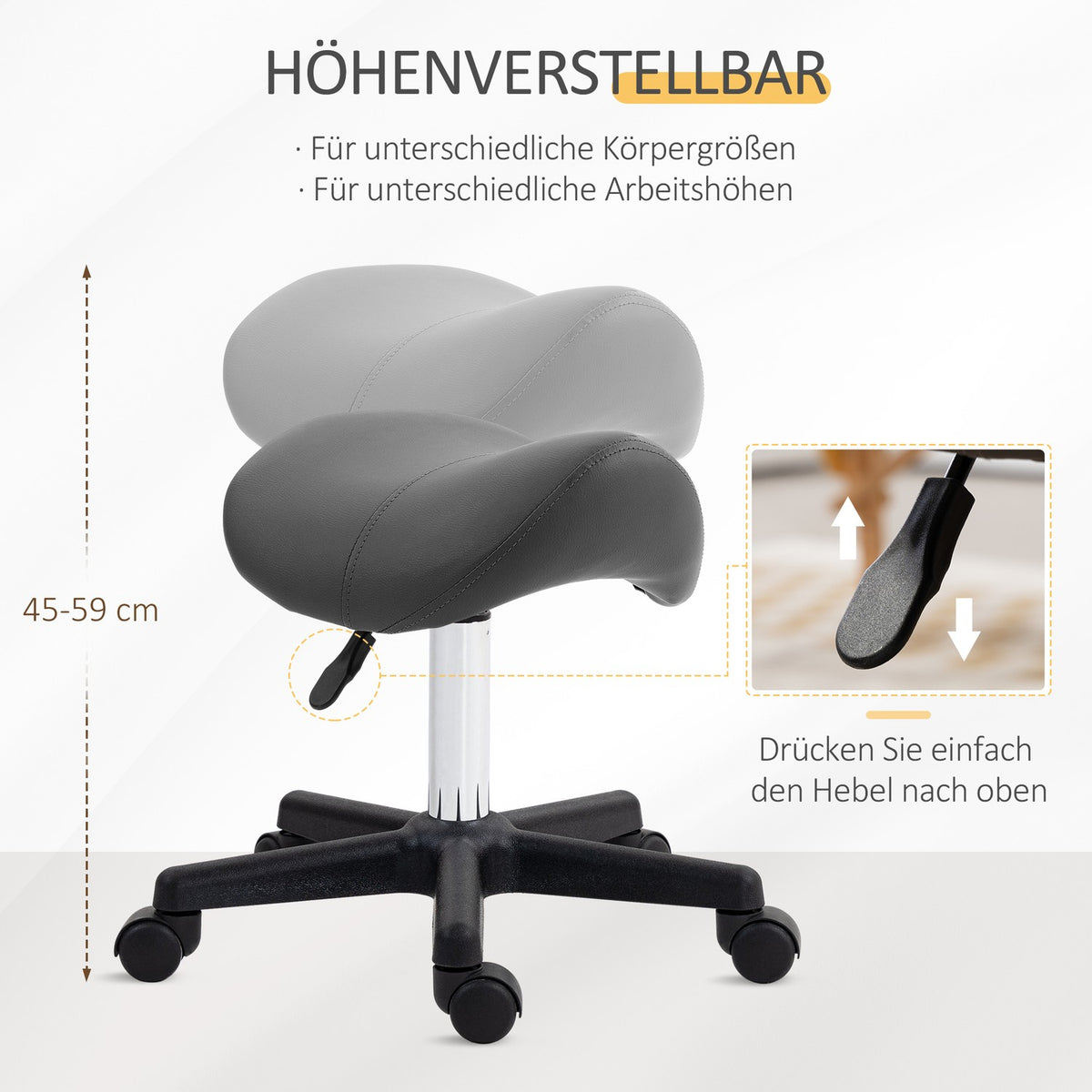 Adjustable Saddle Stool, Black Faux Leather, 120kg Capacity