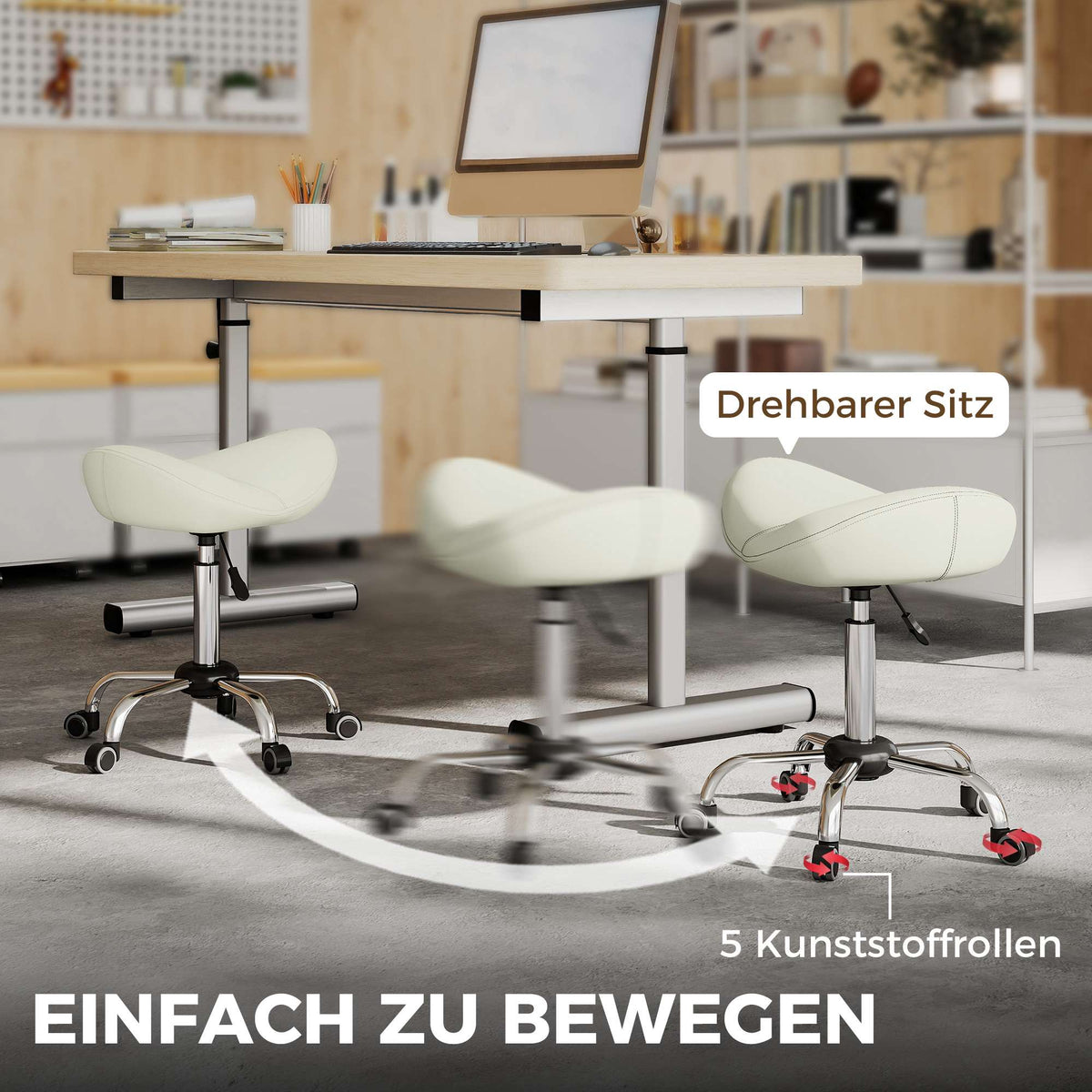 Adjustable Saddle Stool with PU Leather, Cream White