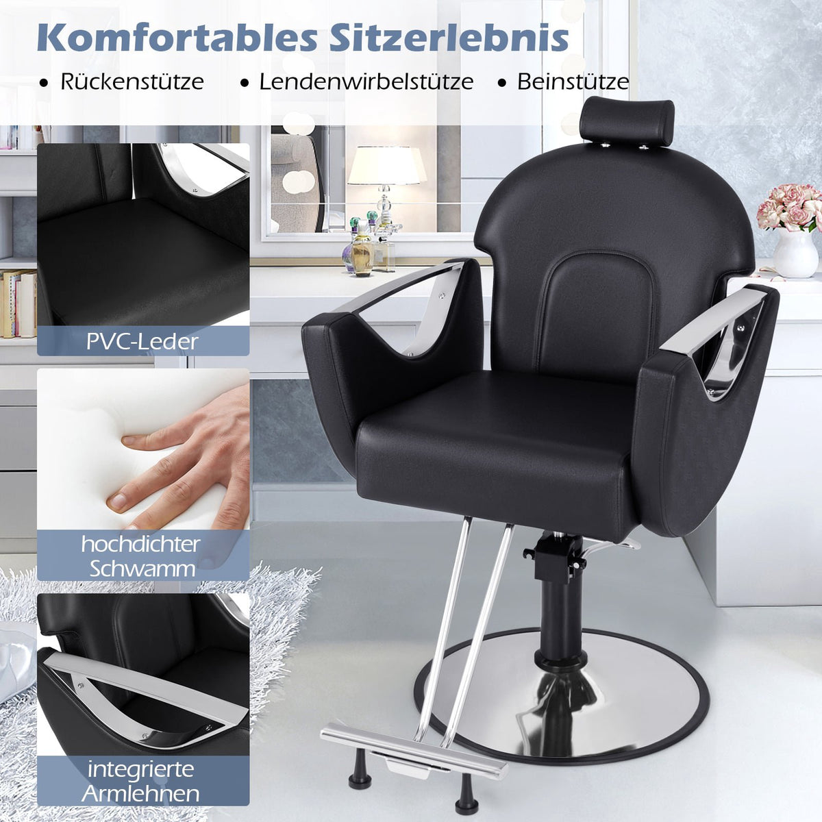 Adjustable Salon Chair with Headrest & 360 Swivel, Black