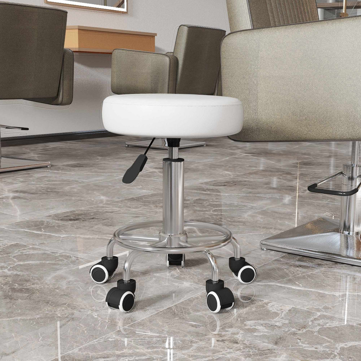 Adjustable Salon Stool, White Faux Leather, 110 kg Capacity