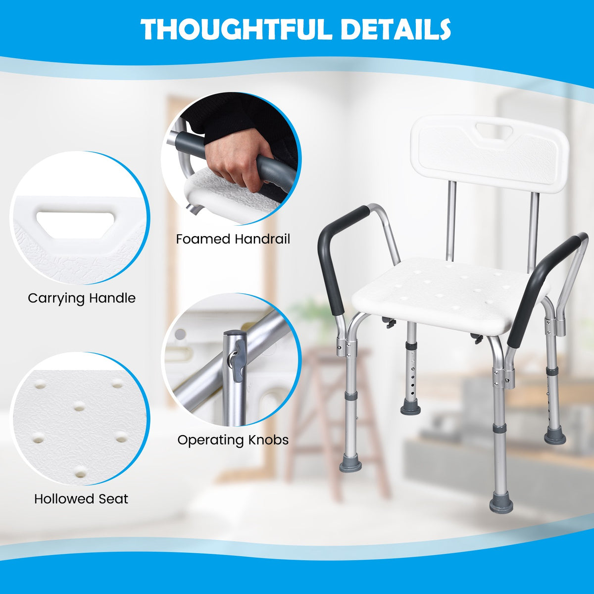 Adjustable Shower Chair With Back, 330 lb Non-Slip