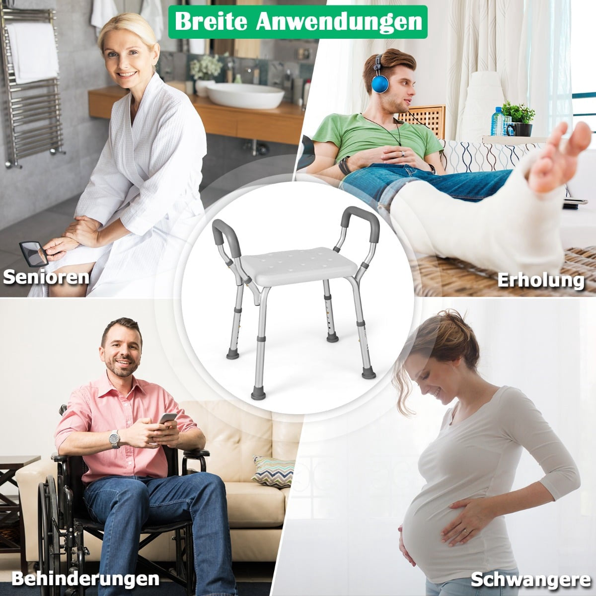 Adjustable Shower Chair with Armrests, Non-Slip Rubber Feet