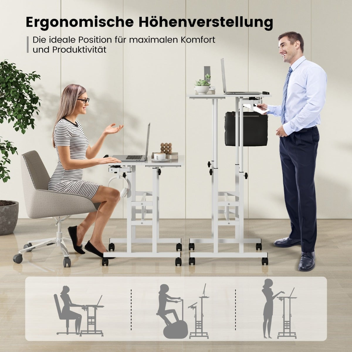 Adjustable Sit-Stand Desk with Wheels, White MDF & Steel