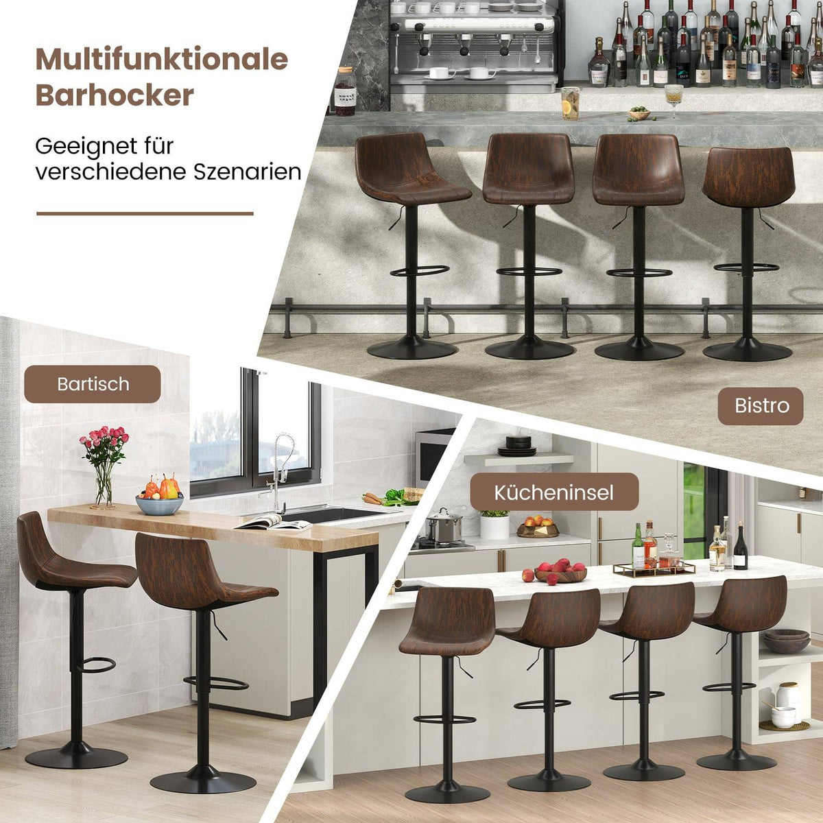 Adjustable Swivel Bar Stools Set, Brown, 60-82 cm