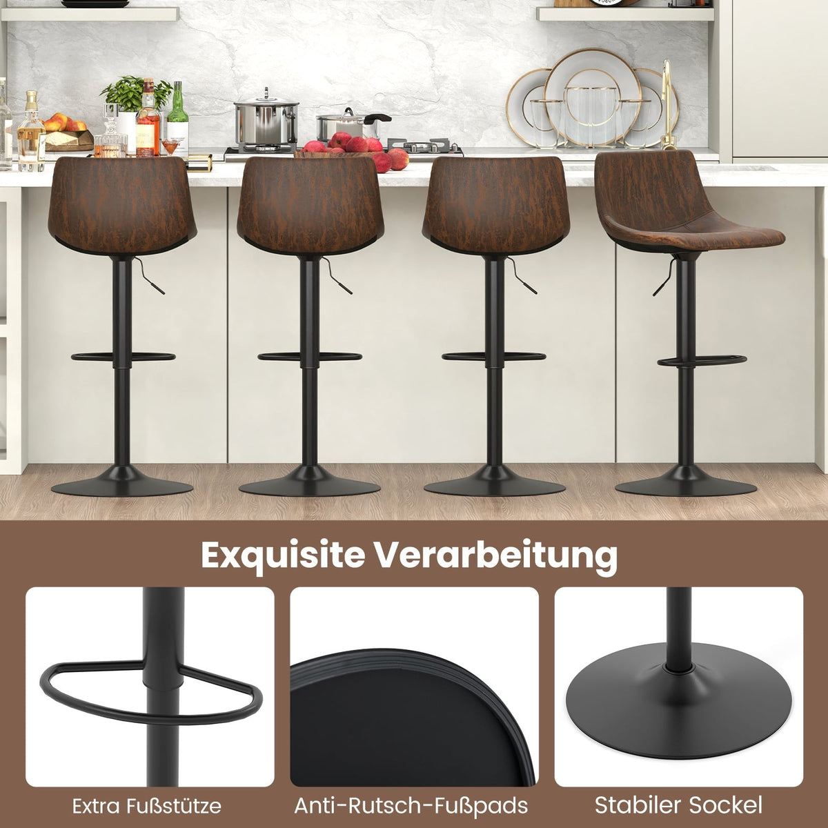 Adjustable Swivel Bar Stools Set, Brown, 60-82 cm