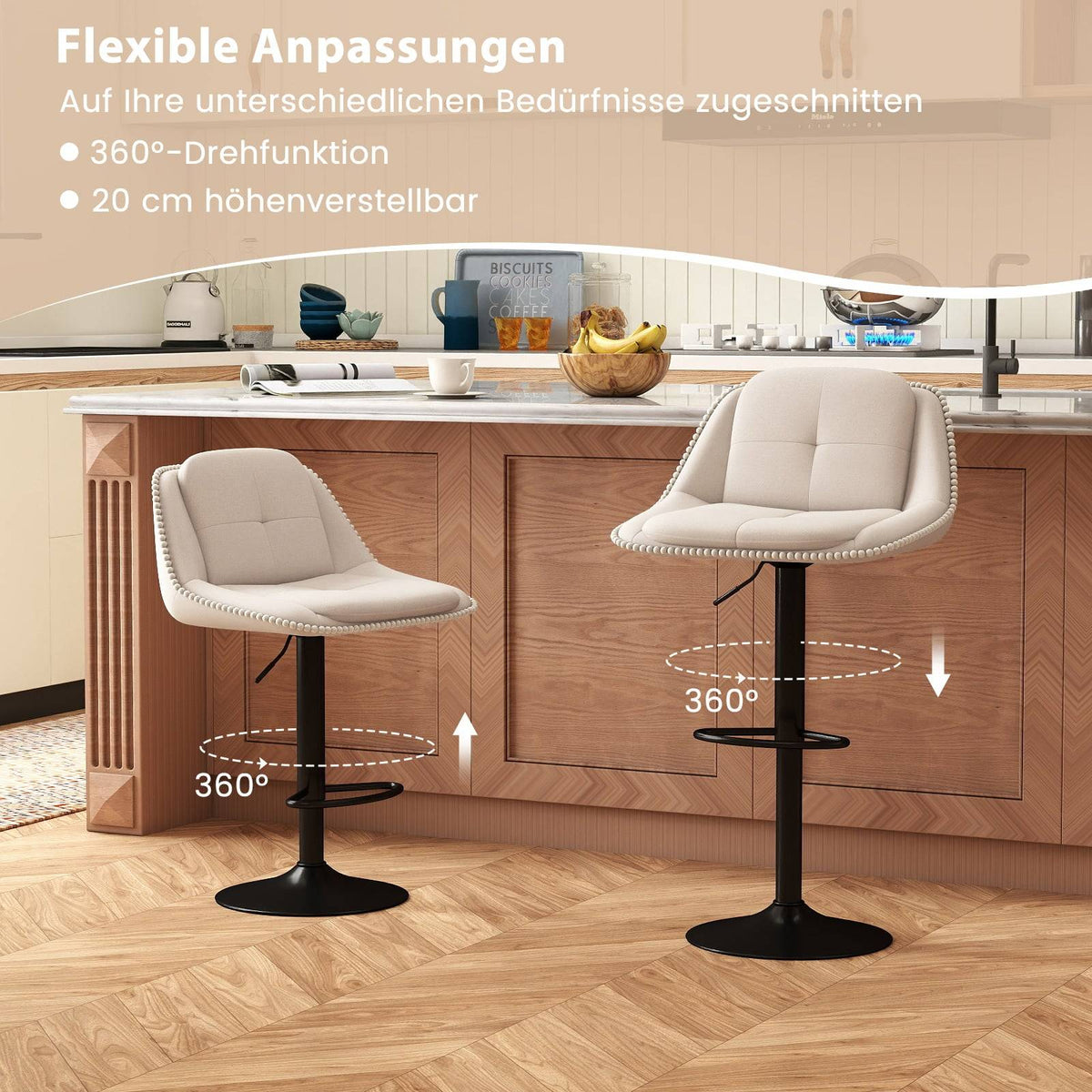 Adjustable Swivel Bar Stools, Set of 2, Beige