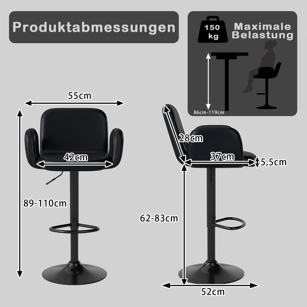 Adjustable Swivel Bar Stools, Set of 2, Black Leather