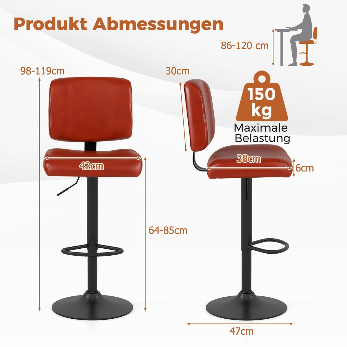 Adjustable Swivel Bar Stools, Set of 2, Faux Leather, Red-Brown