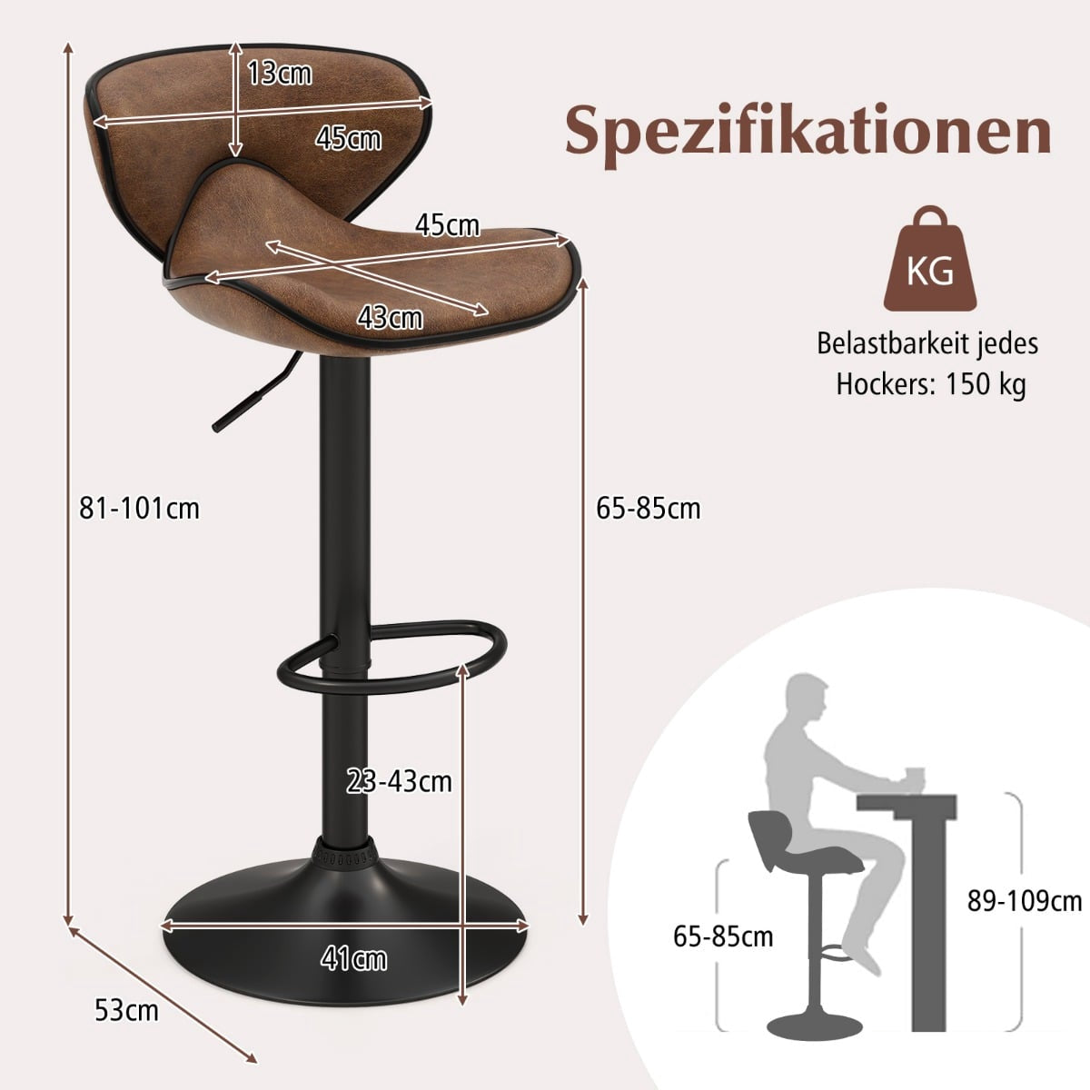 Adjustable Swivel Bar Stools with Backrest, Set of 2