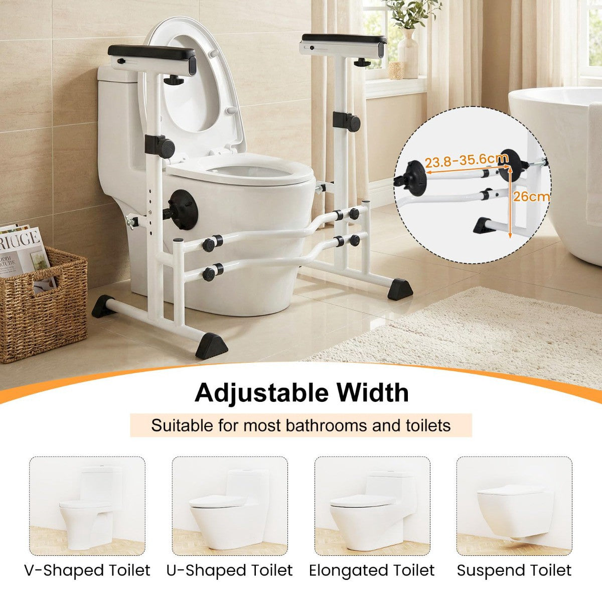 Adjustable Toilet Safety Rail with Non-Slip Handles, Silver