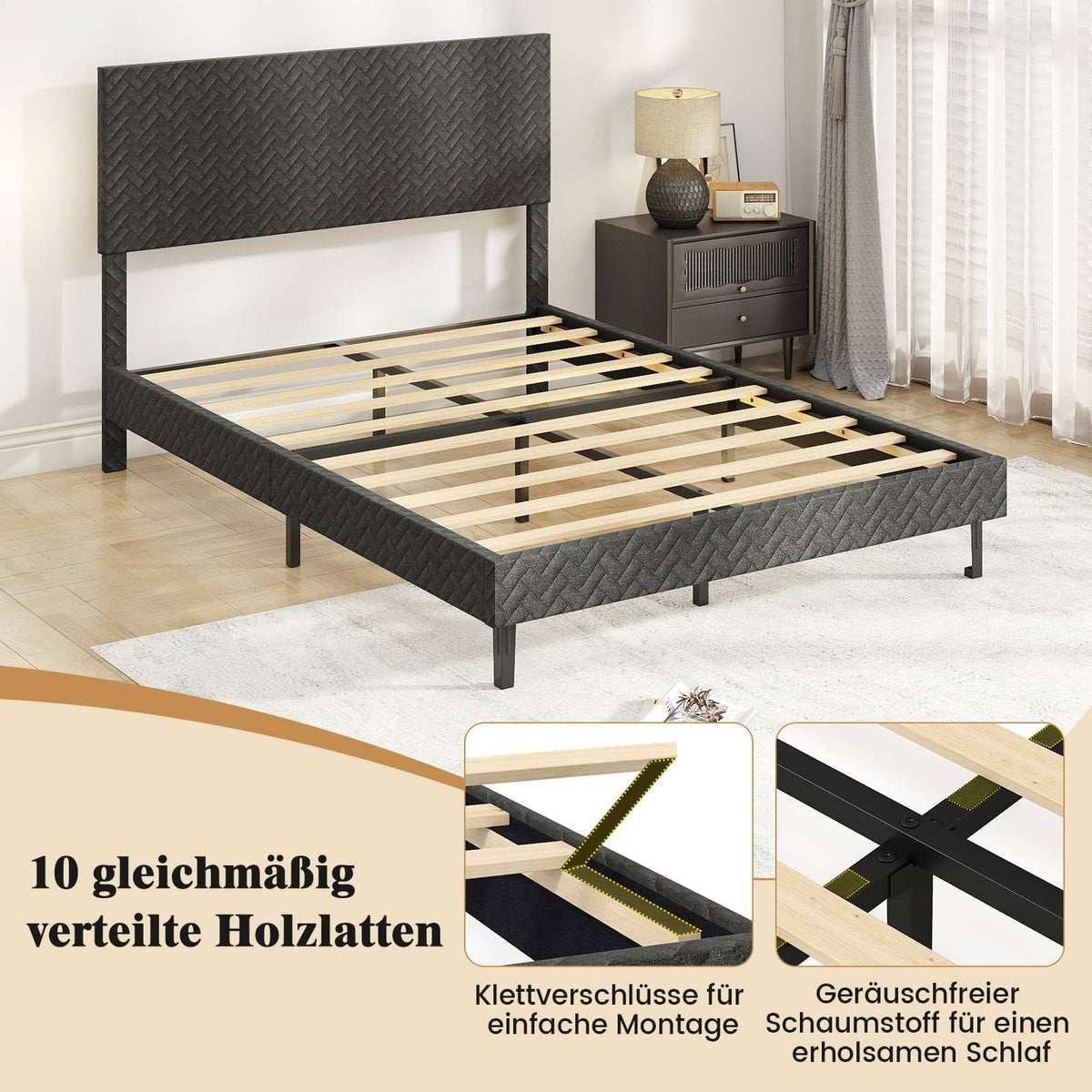 Adjustable Velvet Bed Frame with Chevron Headboard, Grey