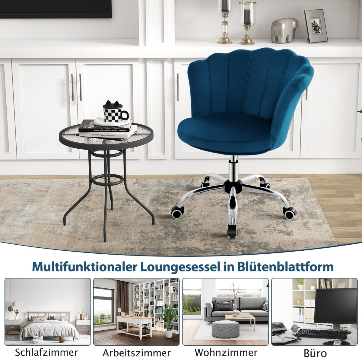 Adjustable Velvet Office Chair with Wheels, Ergonomic, Blue