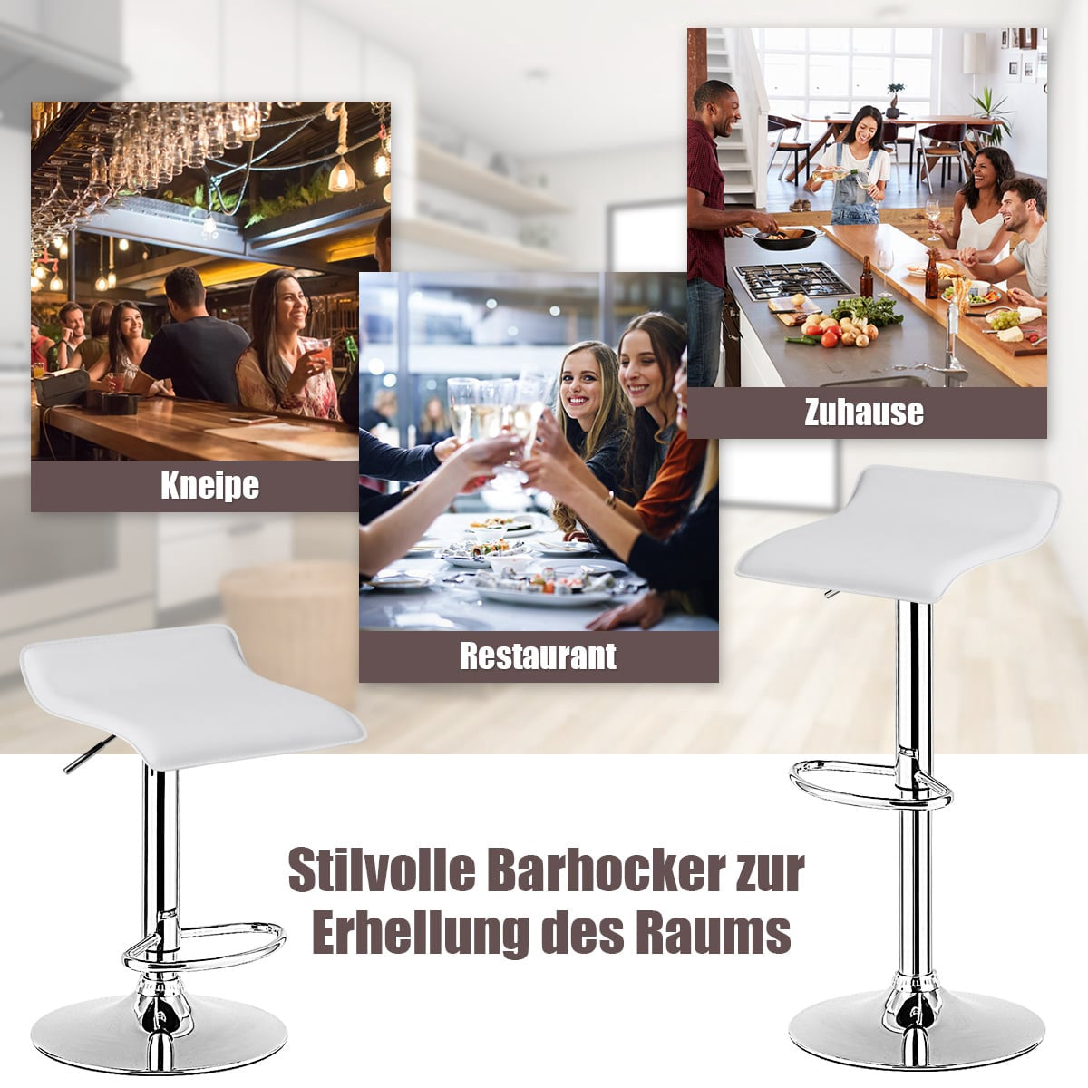 Adjustable White Bar Stools Set of 2 with Backrest & Footrest