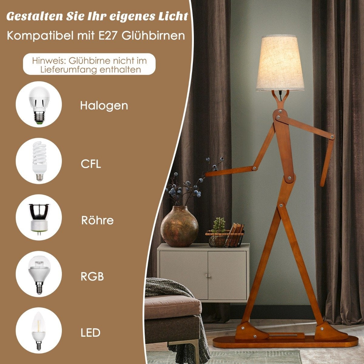 Adjustable Wooden Floor Lamp – 160 cm, Fabric Shade