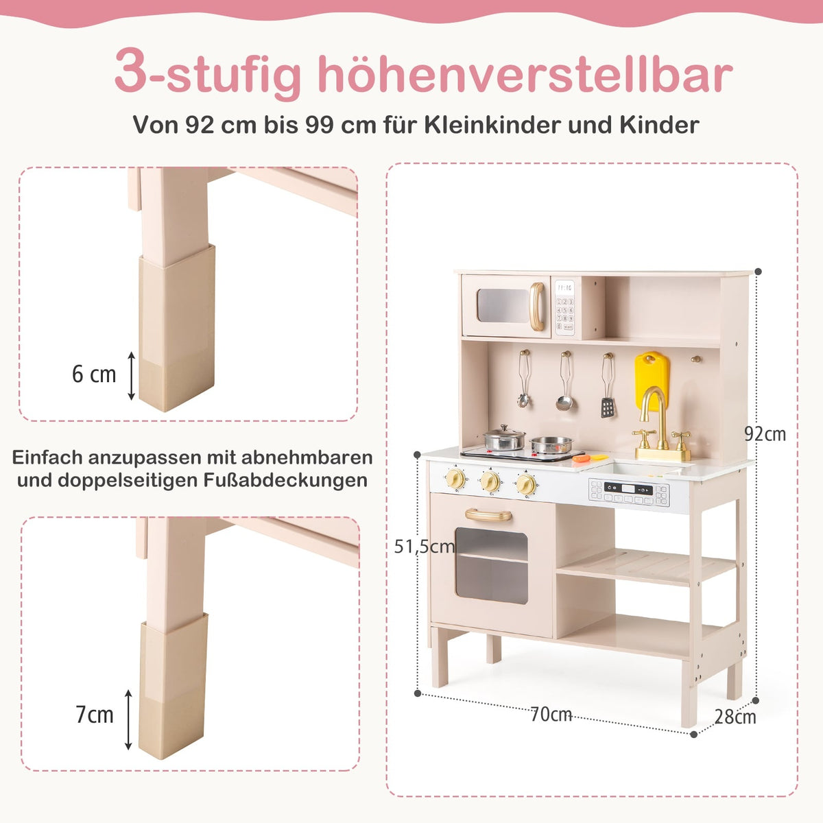 Adjustable Wooden Play Kitchen with Lights & Sounds