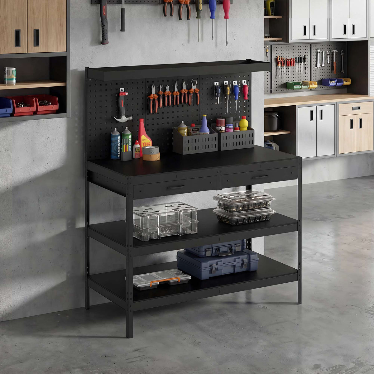 Adjustable Workbench with Pegboard & Shelves, Black, 122x61x156 cm