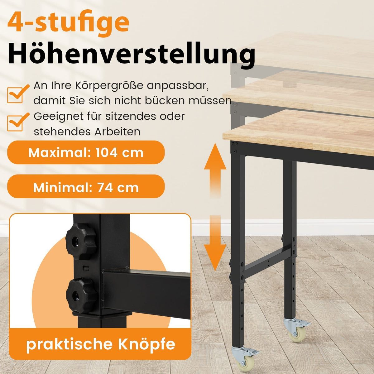 Adjustable Workbench with Wheels, 1100 kg Capacity, 2 Pegboards