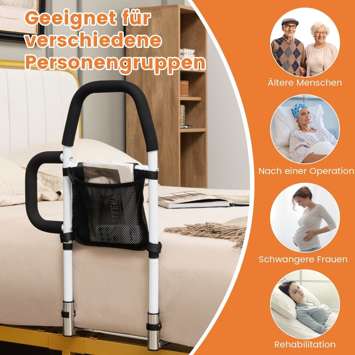 Adult bed rail fall protection with 2 handrails & bag & fastening strap up to 136 kg