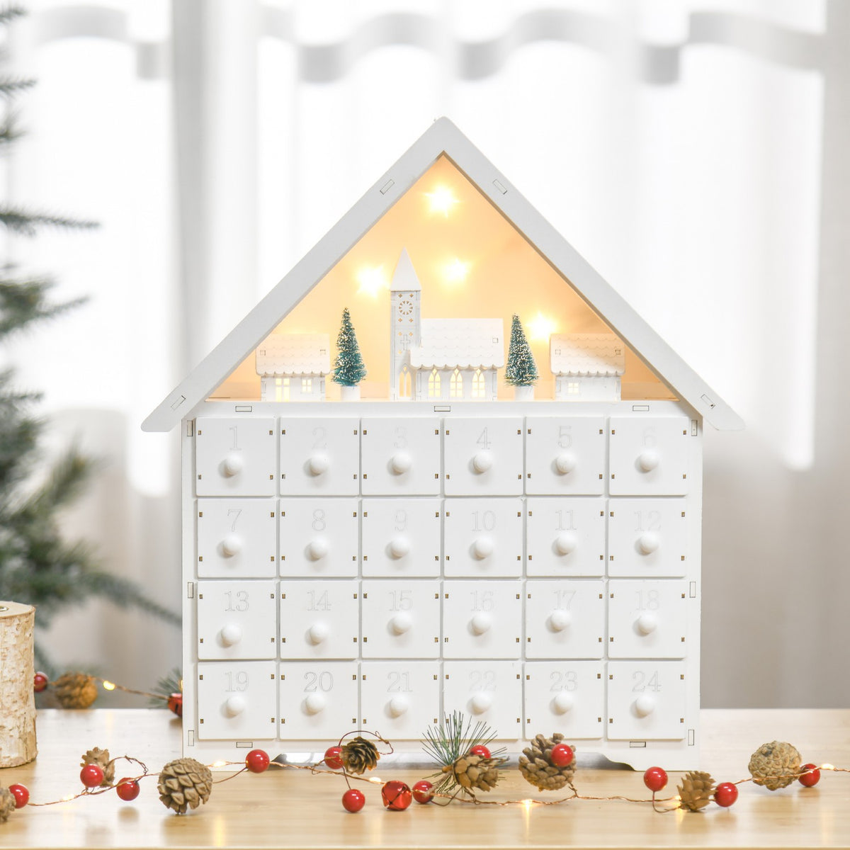 Advent Calendar For Filling 24 Drawer Compartments Christmas Calendar With Led Lights 2-In-1 Design Christmas Decoration White 39 X 9 X 42 Cm