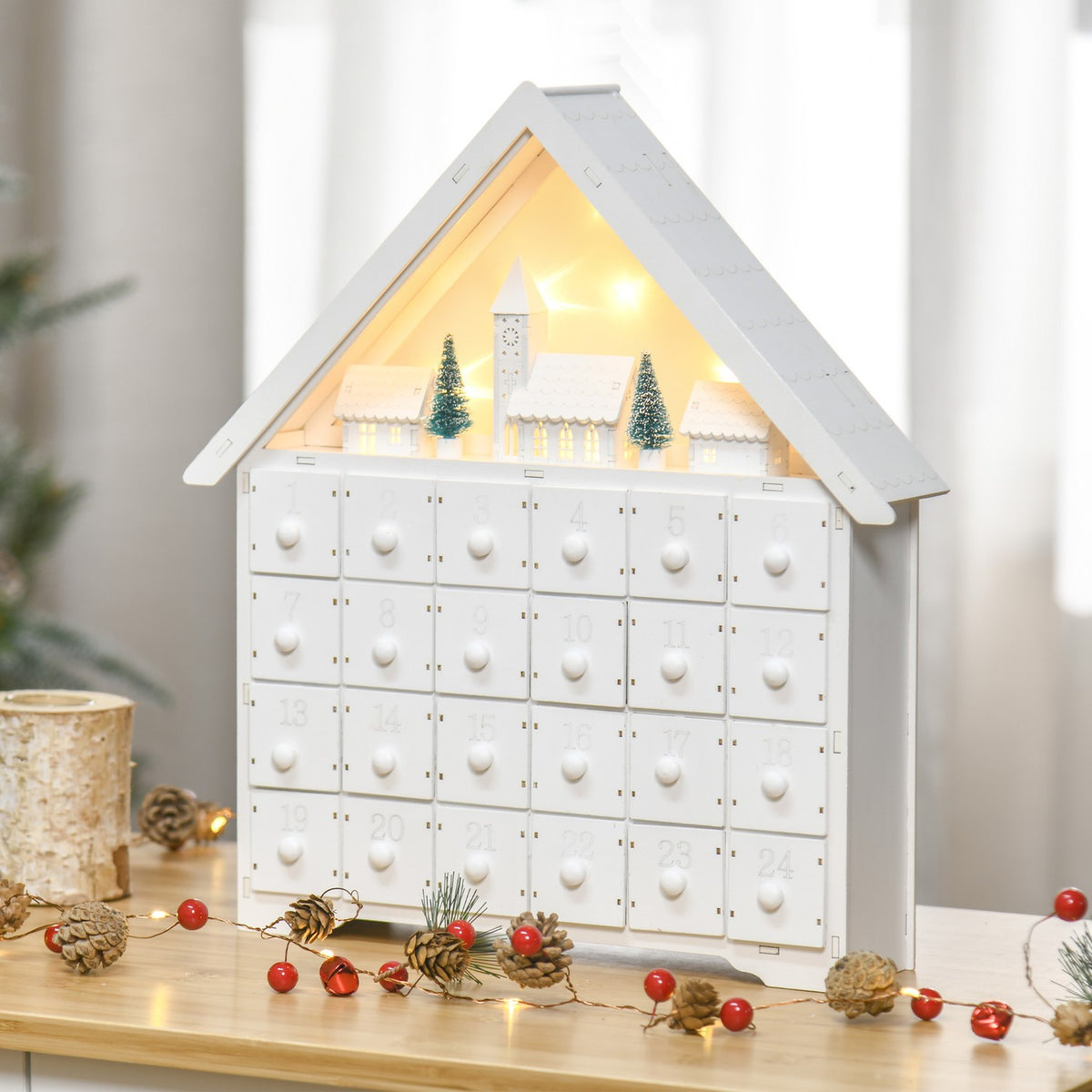 Advent Calendar For Filling 24 Drawer Compartments Christmas Calendar With Led Lights 2-In-1 Design Christmas Decoration White 39 X 9 X 42 Cm