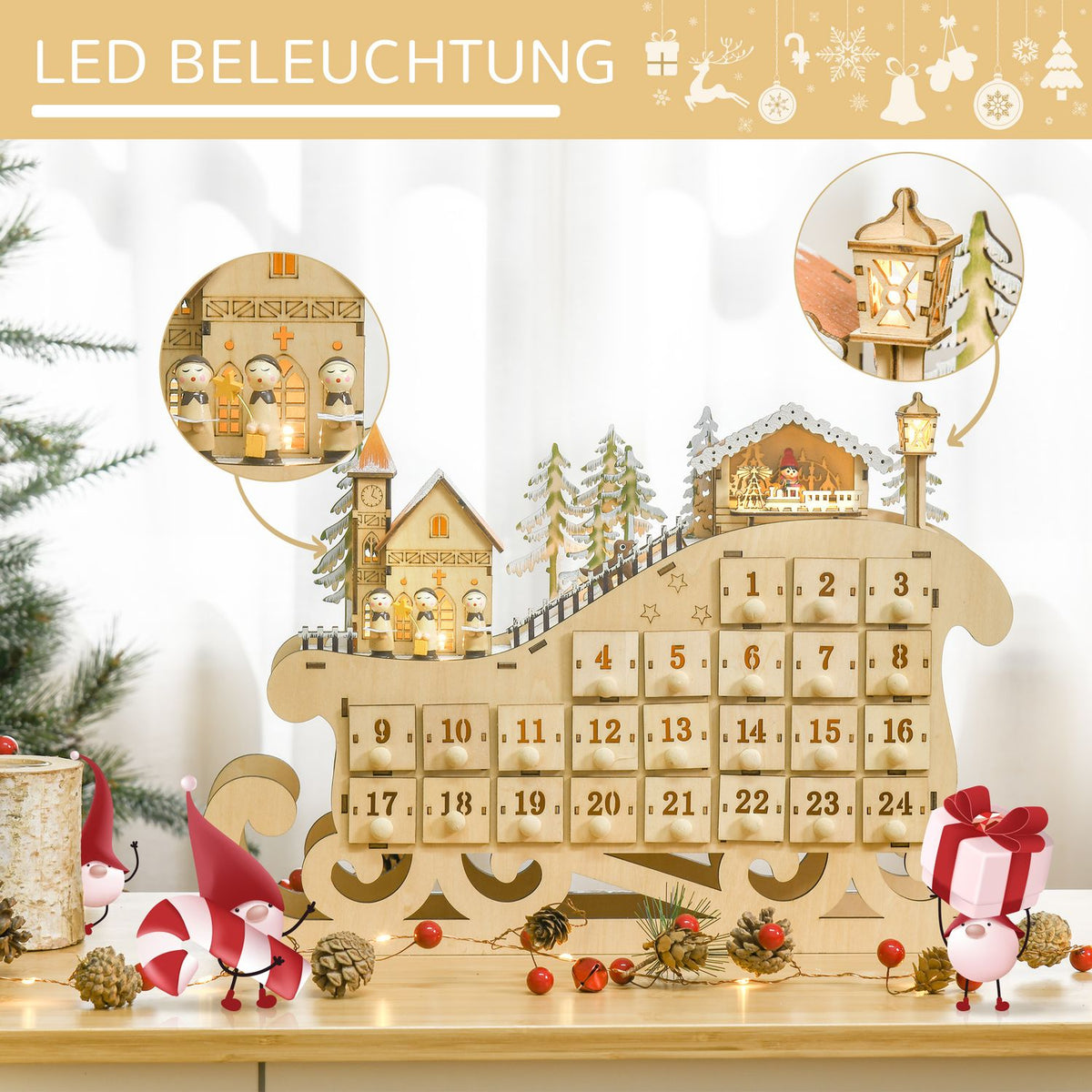 Advent Calendar For Filling 24 Drawer Compartments Christmas Calendar With Led Lights Sleigh Shape Christmas Decoration Diy 45 X 10 X 31 Cm