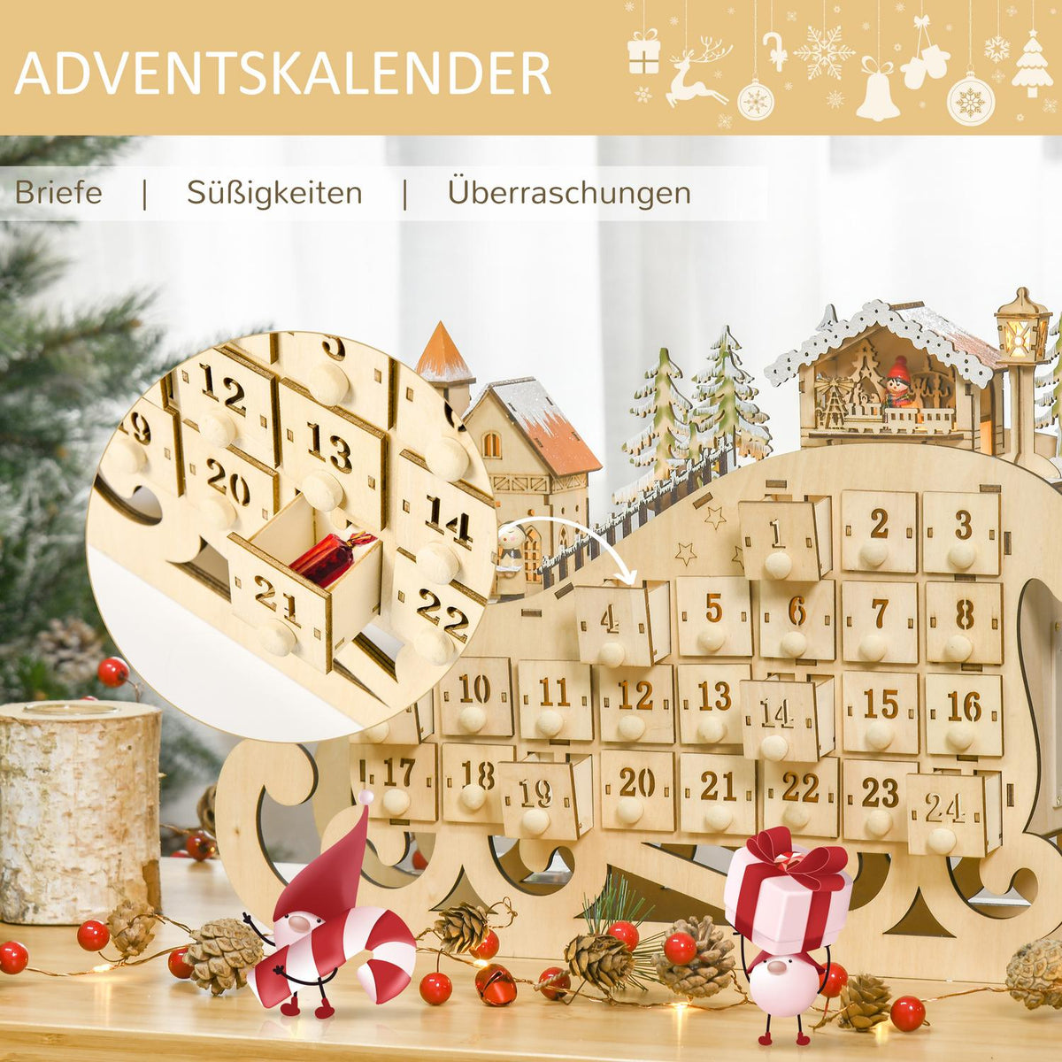 Advent Calendar For Filling 24 Drawer Compartments Christmas Calendar With Led Lights Sleigh Shape Christmas Decoration Diy 45 X 10 X 31 Cm