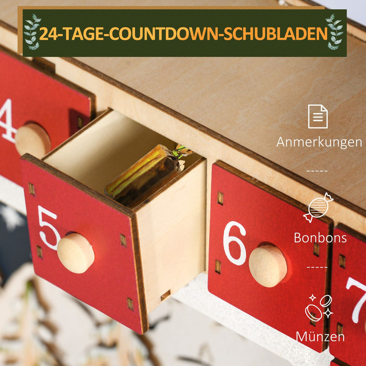 Advent Calendar for Filling 24 Drawer Compartments Christmas Calendar with LED Lights Advent Calendar Box Christmas Decoration DIY MDF 34 x 7 x 34 cm Red