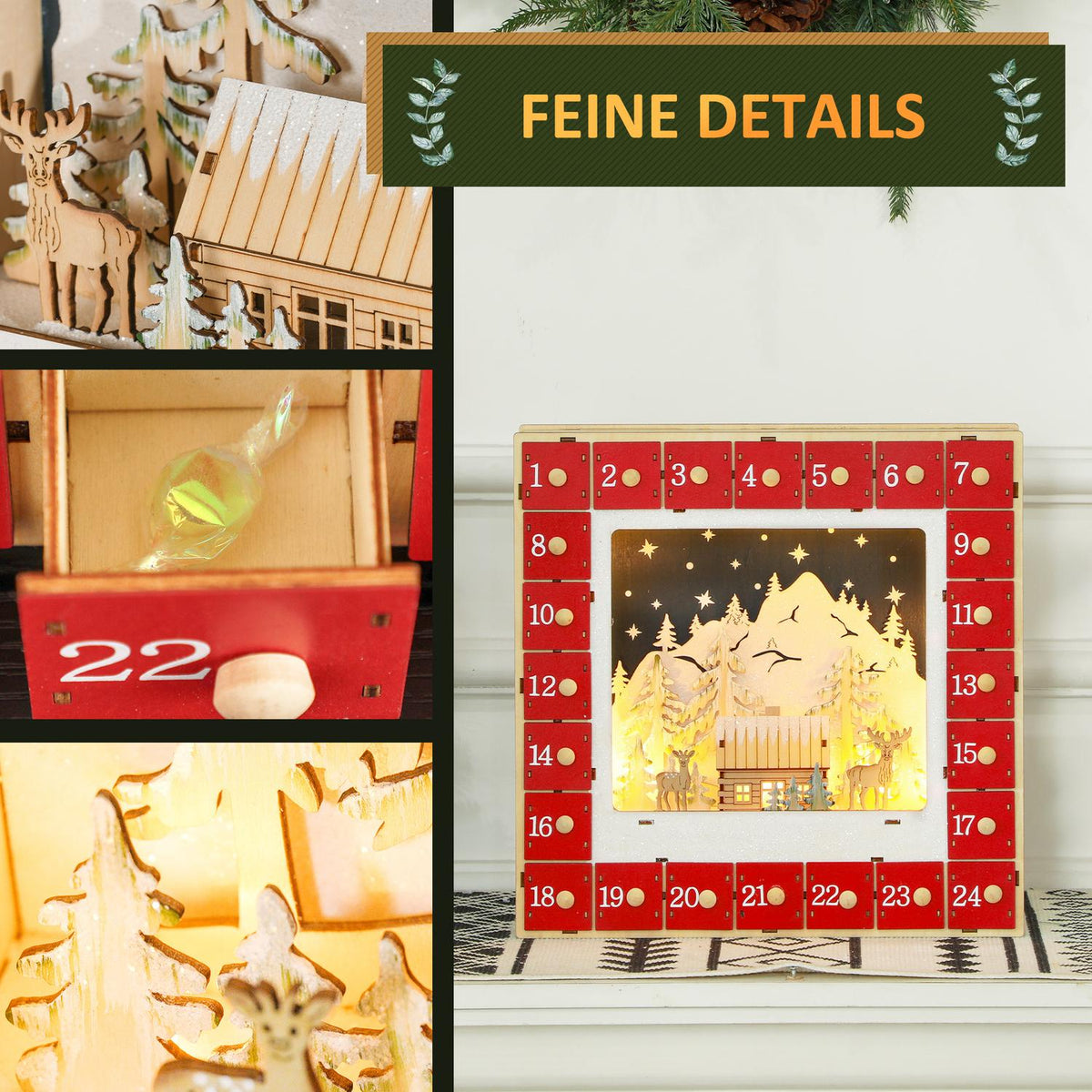 Advent Calendar for Filling 24 Drawer Compartments Christmas Calendar with LED Lights Advent Calendar Box Christmas Decoration DIY MDF 34 x 7 x 34 cm Red