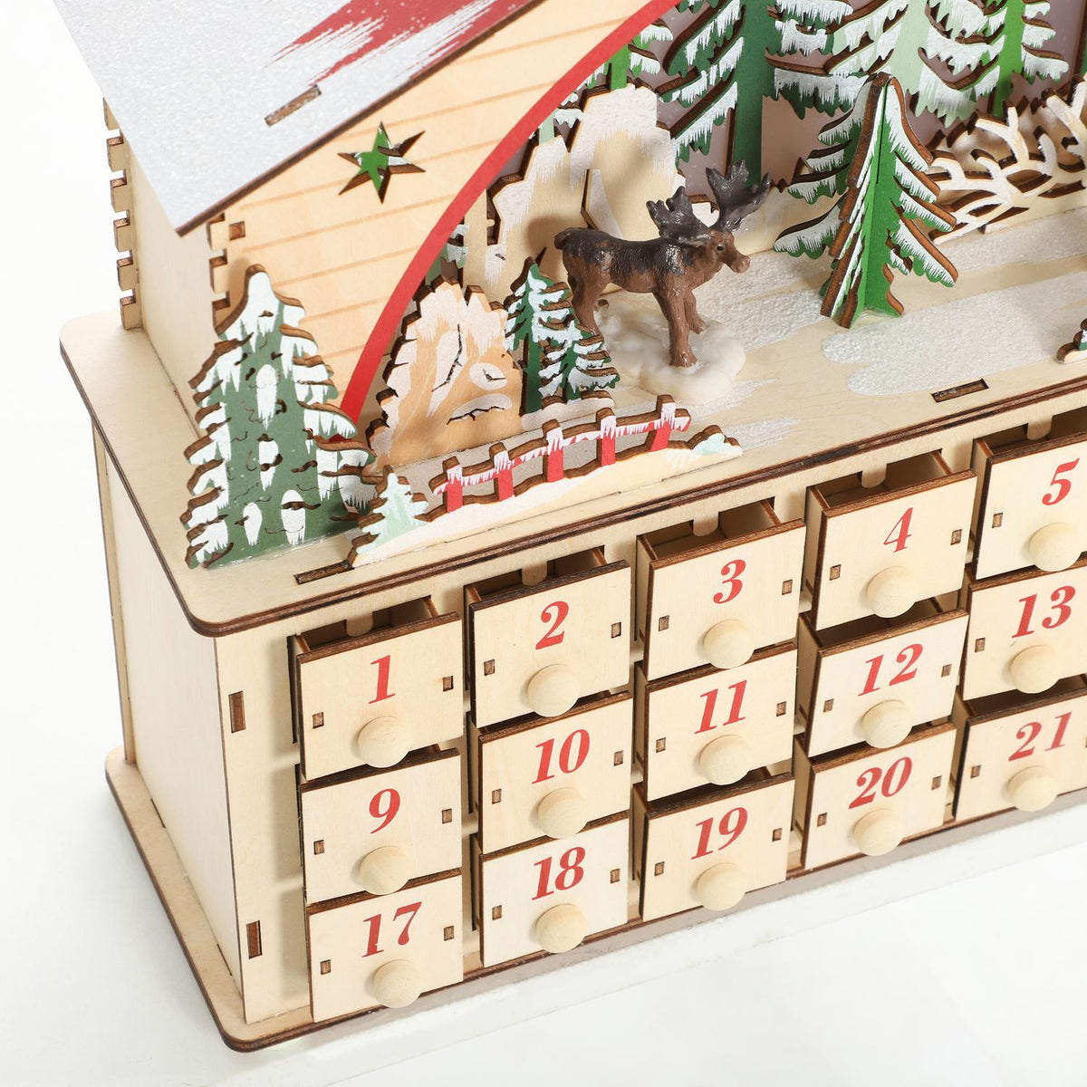 Advent Calendar with 24 Drawers, LED Lights, Wood, 36x10x34 cm