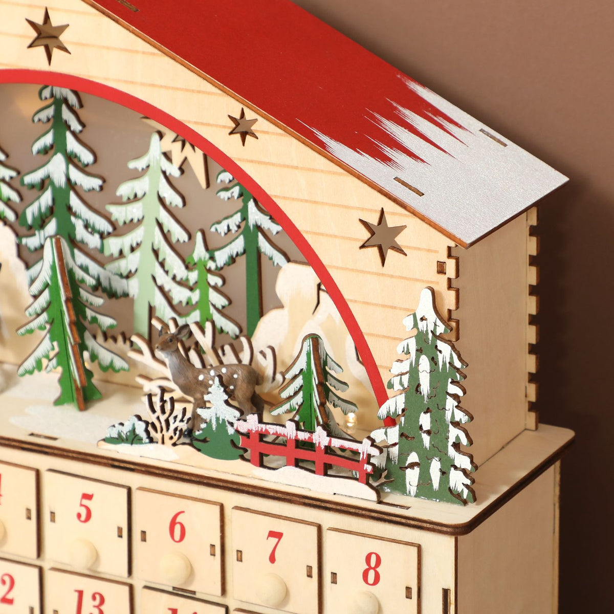 Advent Calendar with 24 Drawers, LED Lights, Wood, 36x10x34 cm