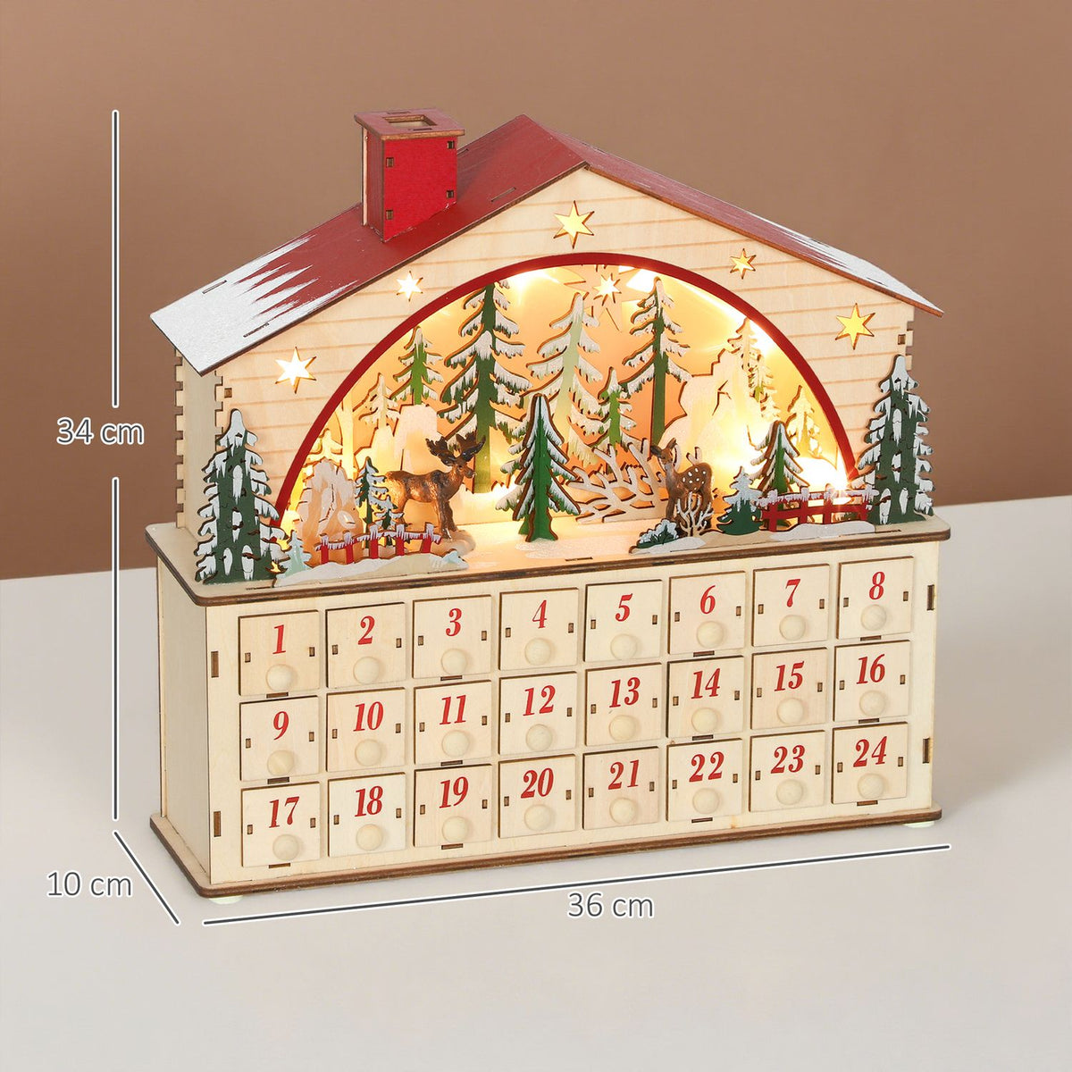 Advent Calendar with 24 Drawers, LED Lights, Wood, 36x10x34 cm