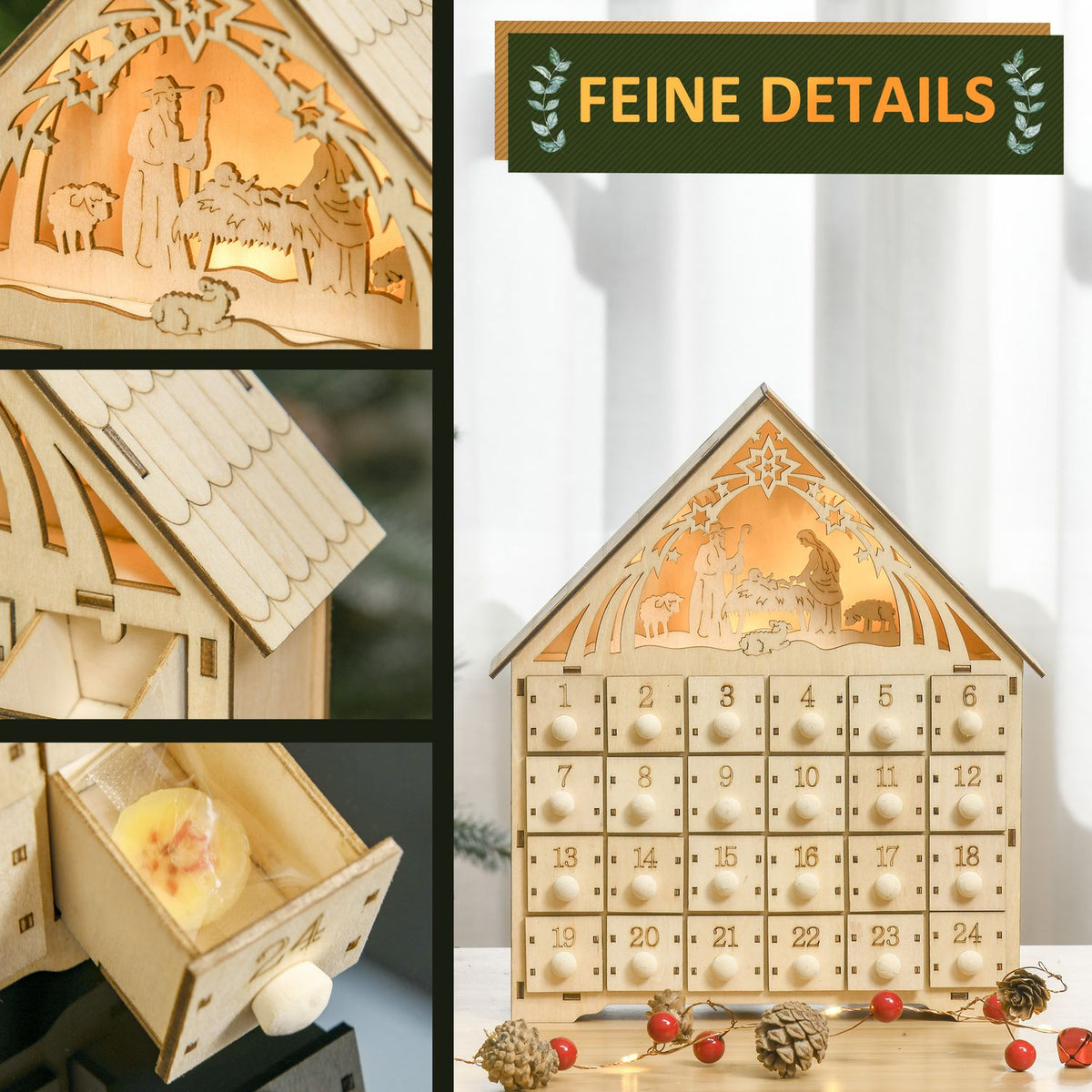Advent calendar for filling 24 drawer compartments Christmas calendar with LED lights Advent calendar box Christmas decoration DIY MDF board natural wood 26.6 x 6 x 30 cm