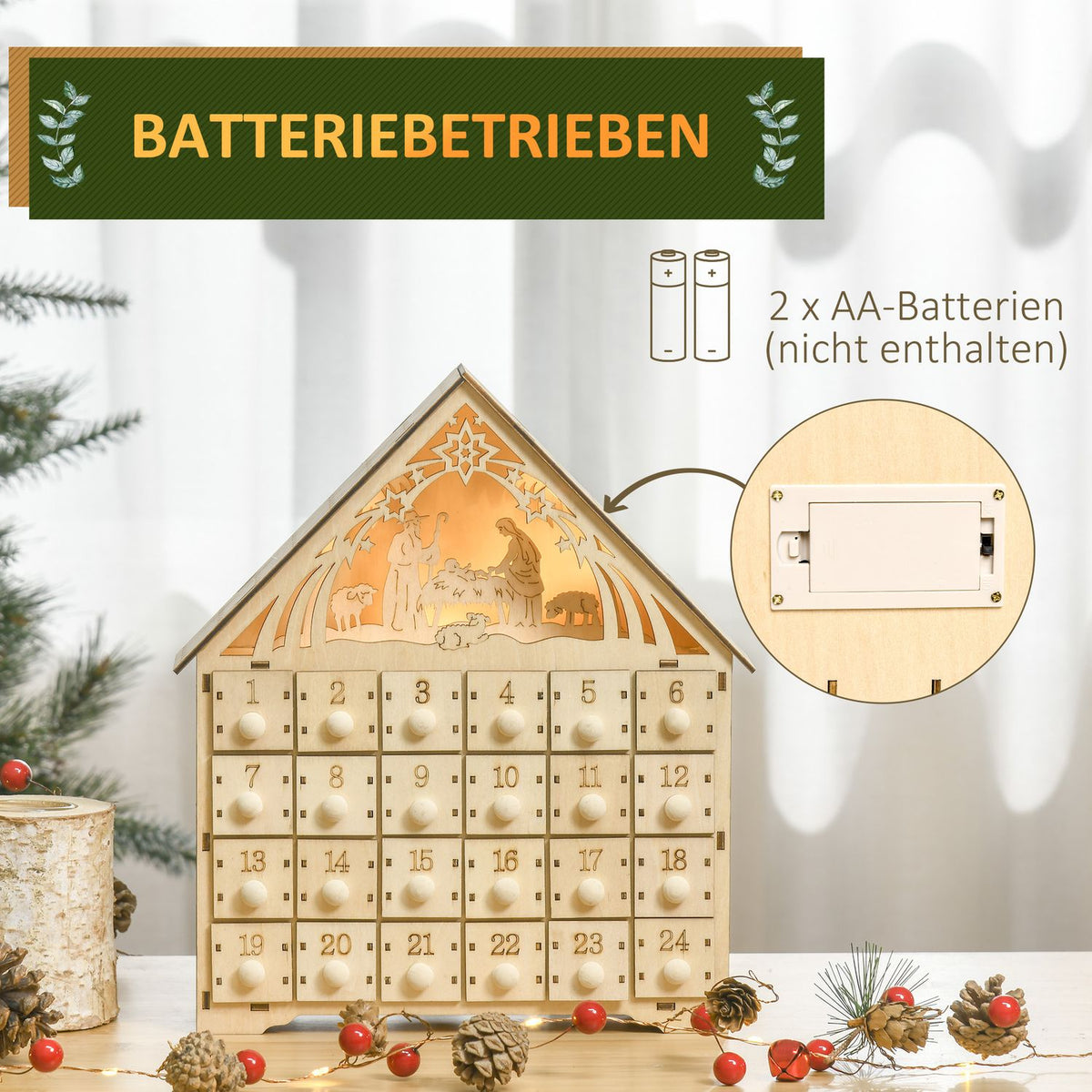 Advent calendar for filling 24 drawer compartments Christmas calendar with LED lights Advent calendar box Christmas decoration DIY MDF board natural wood 26.6 x 6 x 30 cm