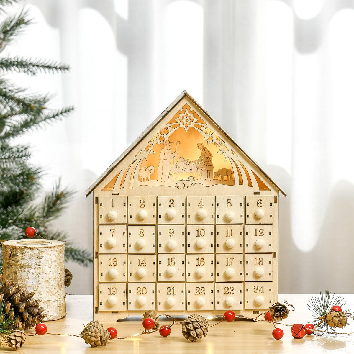 Advent calendar for filling 24 drawer compartments Christmas calendar with LED lights Advent calendar box Christmas decoration DIY MDF board natural wood 26.6 x 6 x 30 cm