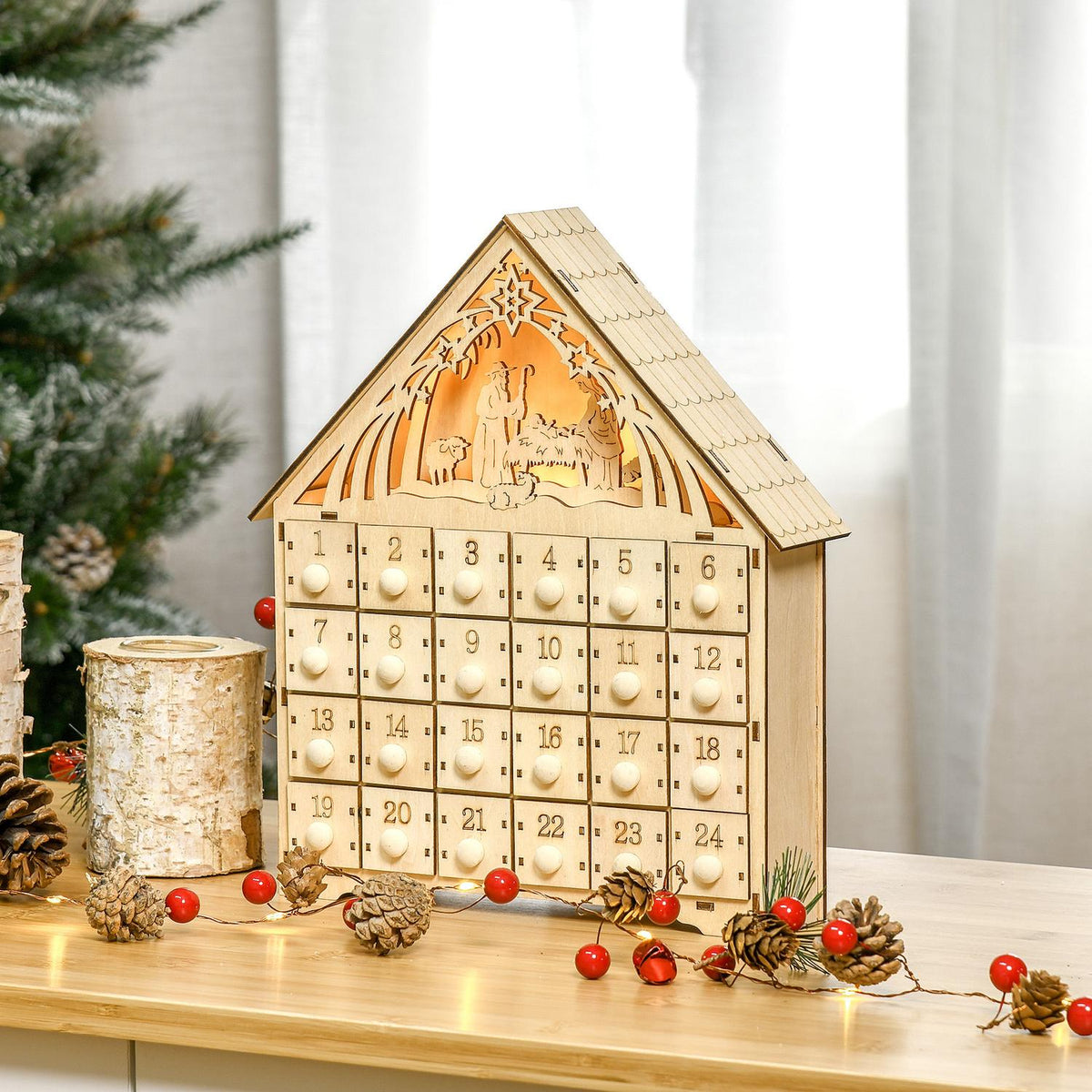 Advent calendar for filling 24 drawer compartments Christmas calendar with LED lights Advent calendar box Christmas decoration DIY MDF board natural wood 26.6 x 6 x 30 cm