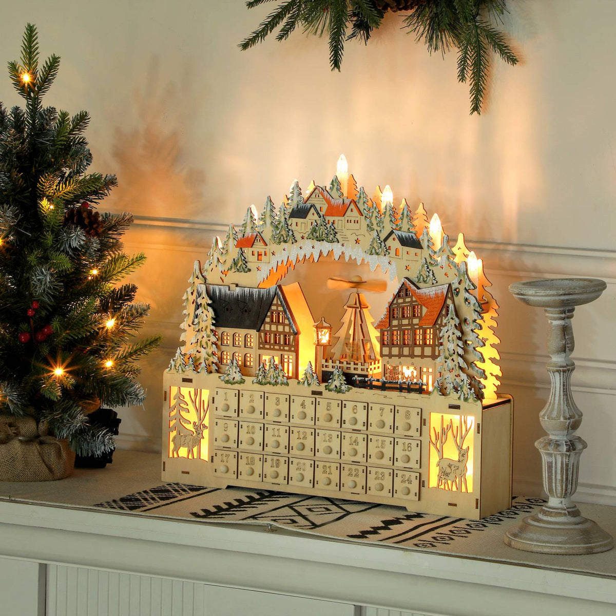 Advent calendar for filling 24 drawer compartments Christmas calendar with LED lights Advent calendar box Christmas decoration DIY MDF natural wood 45 x 9 x 42.5 cm