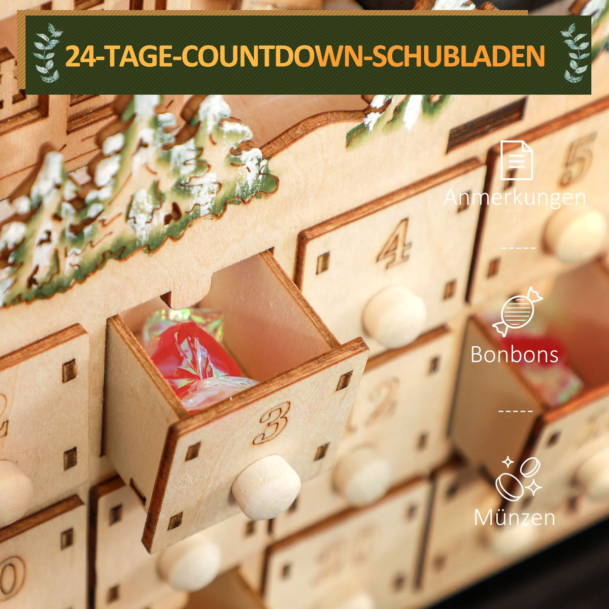 Advent calendar for filling 24 drawer compartments Christmas calendar with LED lights Advent calendar box Christmas decoration DIY MDF natural wood 45 x 9 x 42.5 cm